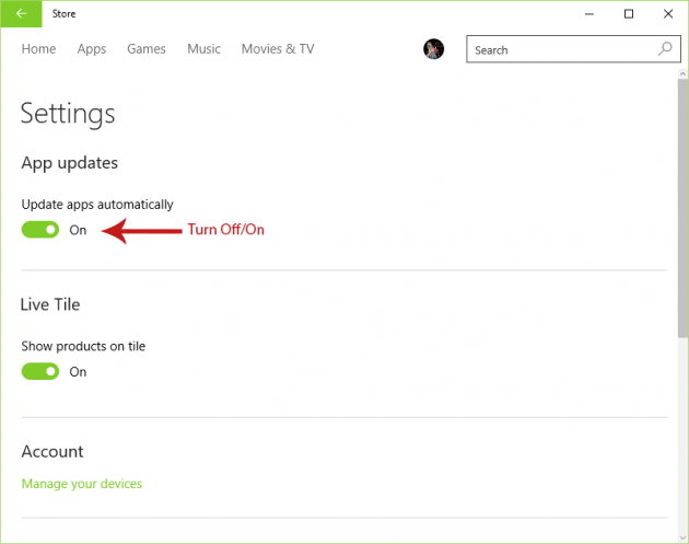 Enable or Disable Automatic App Updates for your Account Only from the Store Screenshot 3