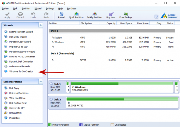 Creating a Windows To Go USB Drive for Windows 10 Home/Pro with AOMEI Partition Assistant Screenshot 1