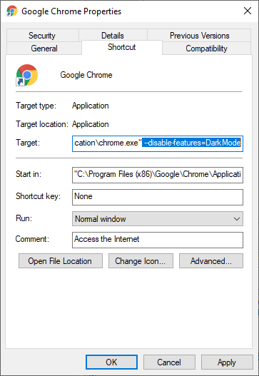 Google Chrome Properties window with Shortcut options to disable Dark Mode