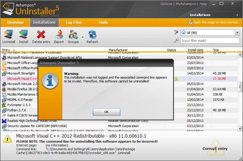 Ashampoo UnInstaller 5 handling a broken program